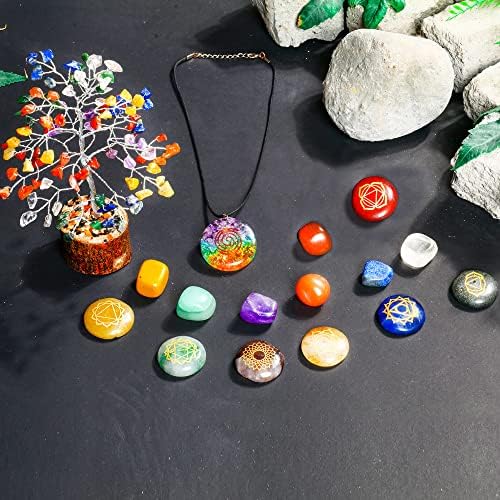 FASHIONZAADI Кристал със седем Чакри - Набор от Исцеляющих кристали - Кристала със седем Чакри - Интериор в стил фън шуй - Дърво
