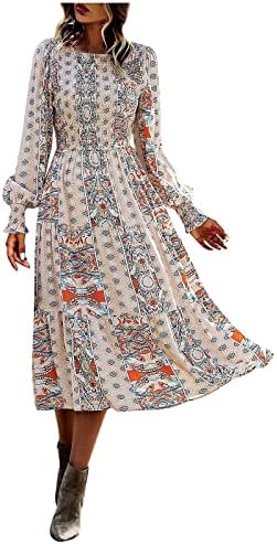 NOKMOPO/ Женствена рокля в големи размери, Дамско Модно Пролетта и Есента Рокля в стил Бохо с кръгло деколте, Възли Мини рокли