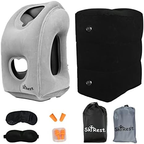 Надуваема възглавница за пътуване Skyrest (сив) и надуваема възглавница за краката с регулируема височина (черно) за самолет, автомобил, влак, дом и офис - пакет 2 чанти д