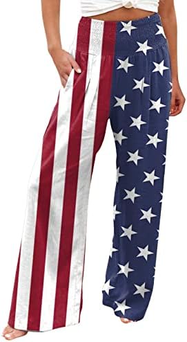 На 4 юли Широки Ленени Панталони за Жени с Рюшами под формата на Американски флаг, Разтеглив Широки Панталони с Висока Талия и Джоб, Панталони