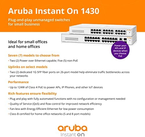 Aruba Instant На 1430 8-пристанищен гигабайтном неуправляемом преминаването PoE | 8-port PoE клас 4 (64 Watt) - 8 порта 1G | Без вентилатор | с американския кабел (R8R46A # ABA)