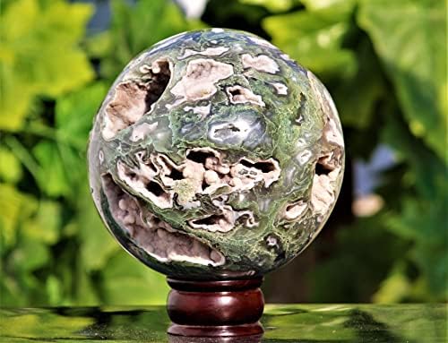 Уникален Натурален Полиран Друзи Зелен Мъх Ахат Кристален Камък Сфера (145 мм /3,6 кг) Исцеляющий Чакра Голям Необработен Топка Проба