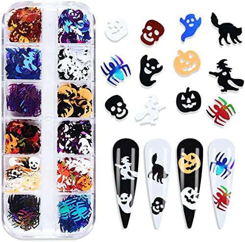 Блестящи Пайети за дизайн на ноктите на Хелоуин, Смесен Дизайн на 3D Черепи, Призрак Вещици, Паяци, Тикви, Лъскави Люспи, Ден на Мъртвите,