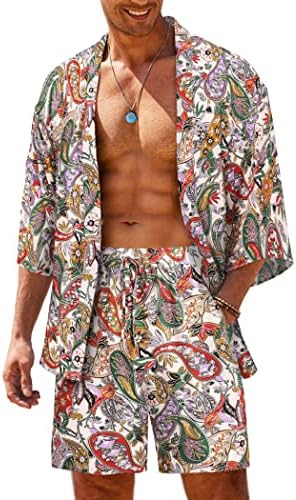 COOFANDY Мъжки Облекла от 2 теми, Лекото Кимоно, Жилетка, Комплект с Яке, Хавайски Плажна Риза с Къси панталони