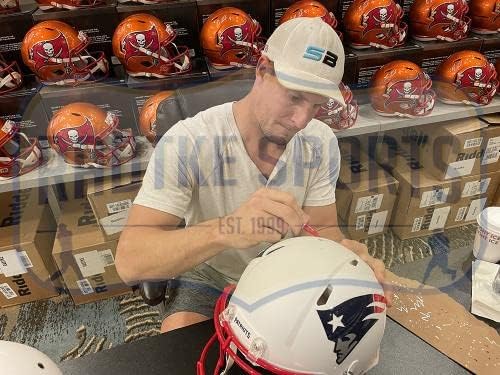 Автентичен Бял Матиран Каска NFL с Автограф на Роб Гронковски от New England Patriots Speed - Каски NFL С Автограф