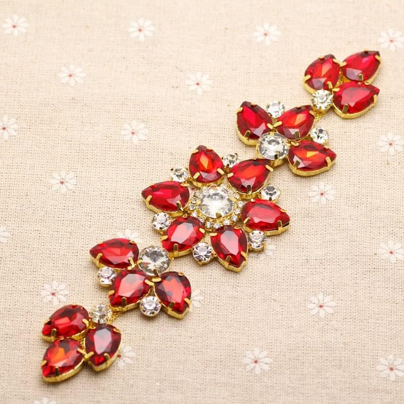 EYHLKM Сверкающая Апликация от прозрачен кристал, златна основа, Сватбена Вечерна рокля Направи си сам, декорация за шиене на рамото (Цвят: червен, размер: 18,5 * 5 см)