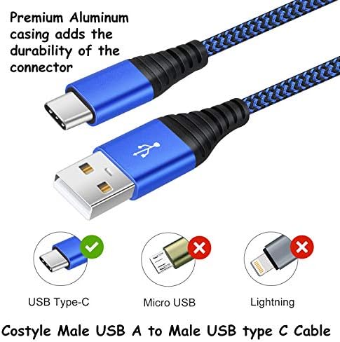 USB кабел C от Costyle, 5 опаковки 10 метра, Тип C за да се свържете с мъжки зарядното устройство, Сплетен кабел за синхронизация и бързо зареждане, Съвместим с Samsung Galaxy S8 S9 Note