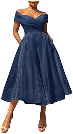 Дамски Реколта Коктейлни Midi-рокля без ръкави с V-образно деколте и открити рамене, Прилепнали Рокли без ръкави (Тъмно синьо, L)