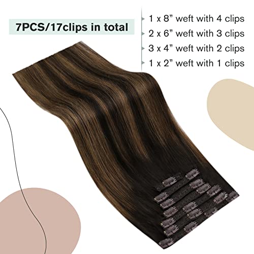 2 Опаковки Заколок за Удължаване на косата от Истински Човешки коси, Ugeat Hair Extensions Клип Ins 2/6/2 Балаяж Тъмно Кафяво с Кафяви