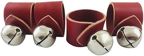 Комплект пръстени за Салфетки Sleigh Bells за Коледа на Празнични Съдове, Месинг Камбанка и Кожа, производство на САЩ, Опаковки от 4