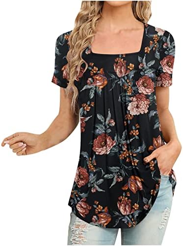Camiseta Cuello cuadrado 2023 para Mujer Blusa Manga Corta a la Moda Camiseta holgada против Estampado de Flores túnica