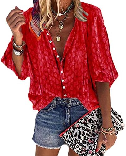 Andongnywell Блуза за Малышек За Жени Ежедневното V Средства Уходаза кожата на Шията 3/4 Блузи С ръкави-Маншети Многоцветни Блузи