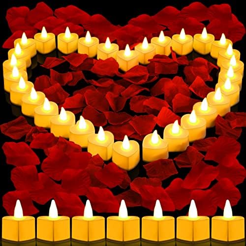 Комплект Педали с рози и Свещи 3000 Опаковки Изкуствени розови Листенца за Романтична вечер 72 бр Фалшиви Свещи във формата на Сърце С led осветление във формата На Сър?