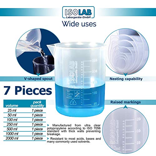 Набор от лабораторни пластмасови чаши ISOLAB Премиум-клас от 7 теми, Висока плътност, Полипропилен, Релефни Градуировки, Автоклавируемые, 25 мл, 50 мл, 100 мл, 250 мл, 500 мл, 1000