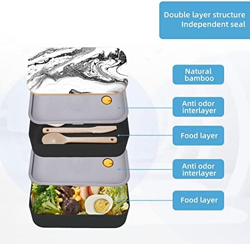 Черно-бялата мраморна кутия за обяд Bento с подобрени регулируема каишка, штабелируемый за многократна употреба запечатан контейнер за храна, не съдържа Bpa, модерен 2-